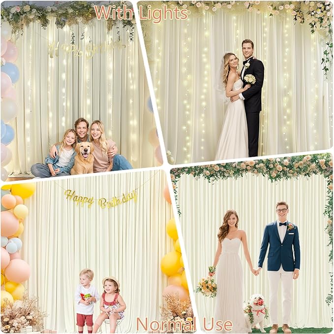 10 x 10ft Ivory Backdrop Curtains with Lights String for Wedding Photo Backdrop Drapes Wrinkle Free Polyester Curtains Backdrop for Baby Shower Birthday Parties Reception Ceremony - 5 x 10ft 2 Panels