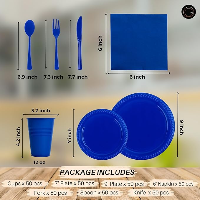 350 Piece BLUE Disposable Dinnerware Set 50 Guests, Plastic Party Plates And Cups And Napkins Sets - 50 Count 9" Dinner Plates, 7" Dessert Plates, 12oz Cups, Paper Napkins, Forks, Knives & Spoons