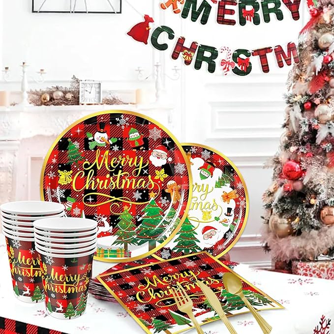 Christmas Party Decorations Supplies - 175 PCS Merry Christmas Red Plaid Disposable Dinnerware Set Xmas Paper Plates and Napkins Sets with Cups Fork Spoon for Holiday Party Supplies, Serve 25
