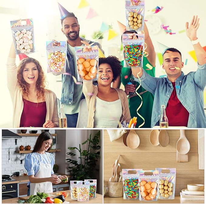 120 Pcs Plastic Gift Bag Bulk 5.5 x 8.7 Inch Resealable Party Goodie Bag with Clear Window Color Favor Pouch with Handle for Home Birthday Wedding Party Candy Gift Wrap Supply (Clear Laser)