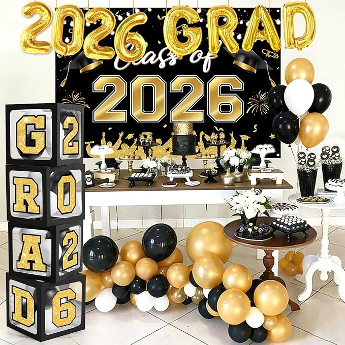 Graduation Decorations Class of 2026-123pcs Black Gold Graduation Party Decorations include Balloon Boxes with Letters, Balloon Arch Kit and Backdrop for 2026 Grad Party Supplies