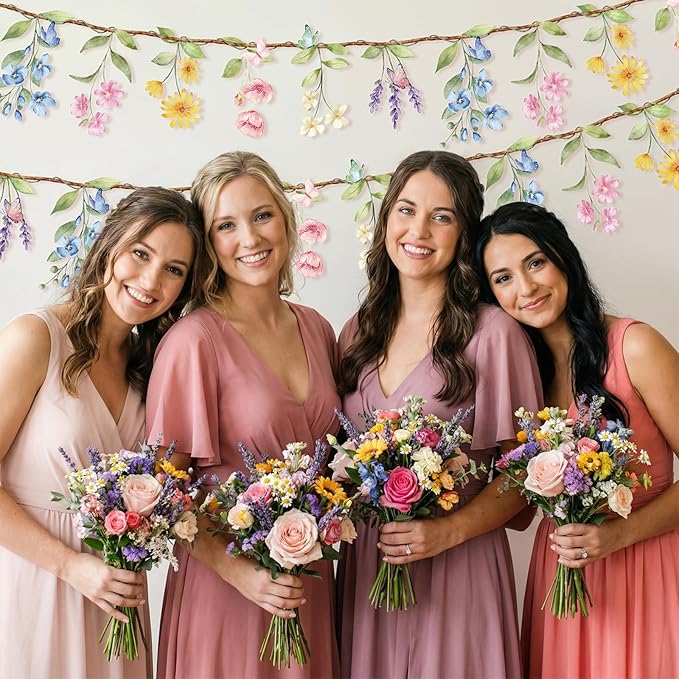 2 Pcs Wildflower Garland, Wildflower Party Decorations Reusable Garden Flower Banner for Baby Shower Birthday Spring Supplies Fresh Off the Market Bridal Shower Girl Party