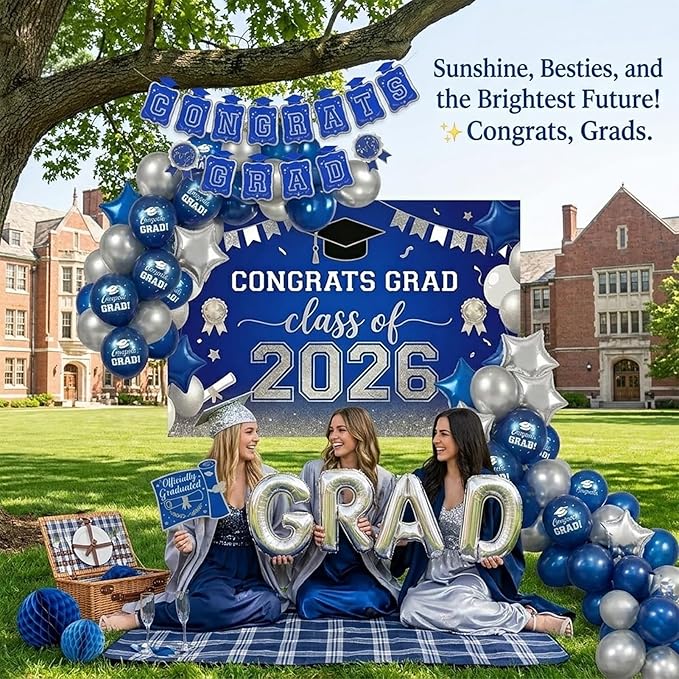 Royal blue silver Balloons GRAD Print Balloons with Banner Table Honeycomb Centerpieces Hanging Swirl backdrop Stars Graduation Cap GRAD Letters Mylar Balloons for 2026 graduate Prom Decorations