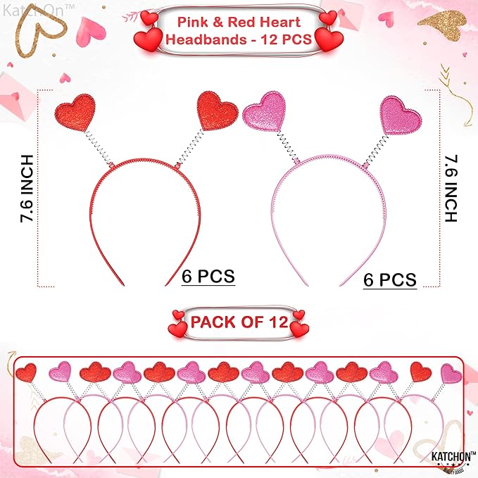 KatchOn, Pink and Red Heart Headbands - Pack 12 | Valentines Day Headbands For Women for Valentines Day Decor, Wedding Party | Heart Antenna Headband, Halloween Headband | Valentines Party Decorations