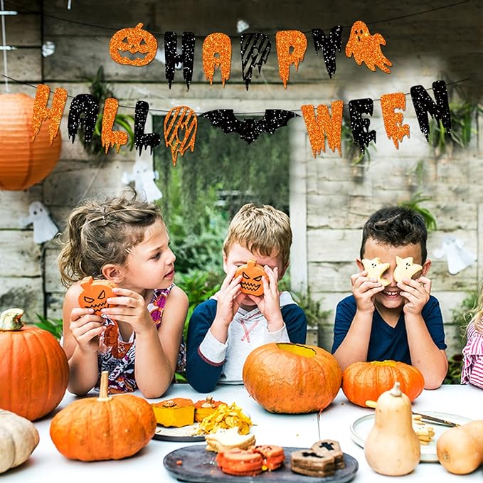 Black Orange White Halloween Party-Decorations - 8pcs Kits Happy Halloween Banner, Tissue Flower Paper Pom Poms Streamers,Bat Decor Garland,Birthday Wedding Baby Bridal Shower Lasting Surprise