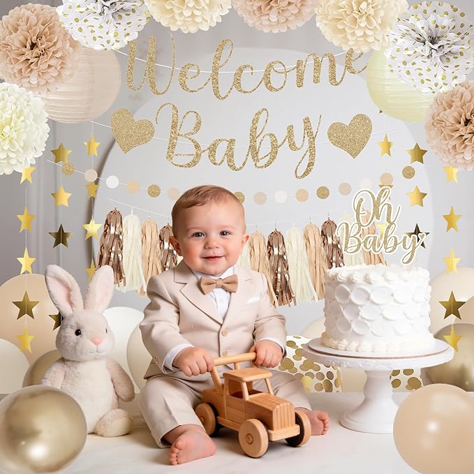 Amandir Baby Shower Decorations Neutral Beige Balloons Welcome Baby Banner, Cake Topper, Paper Lanterns, Pom Poms Flowers Tassels, Circle Dots Star Garland, Gender Reveal Boho Birthday Party Supplies