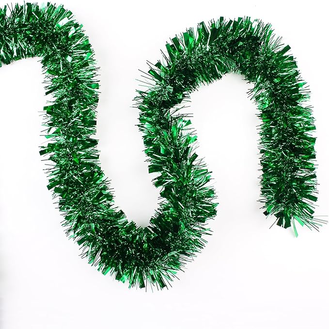 33FT Christmas Tinsel Garland,Green Shiny Metallic Foil Decorations for Parade Floats, Halloween, Christmas Tree, New Year Parties,Birthday Party,Indoor and Outdoor Disco Party Supplies