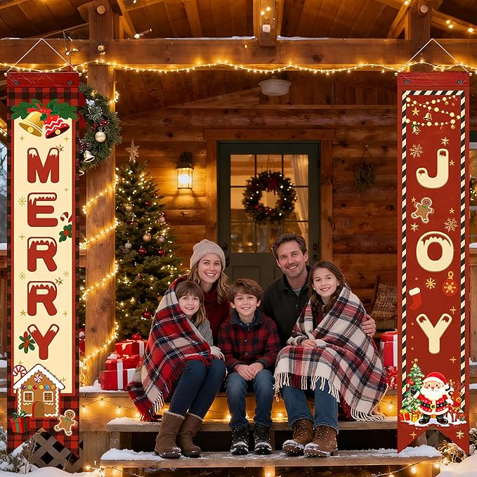 3PCS Christmas Party Decorations Merry Christmas Porch Banners Xmas Hanging Signs Holiday Wall Decor Rustic Farmhouse Xmas Porch Signs for Indoor Outdoor Photo Booth Backdrop Winter Party Supplies