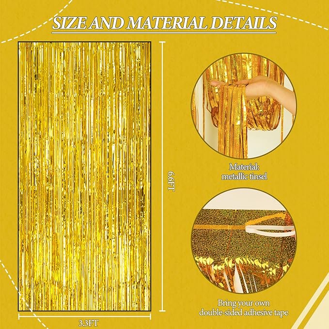 2 Pack Foil Fringe Backdrop - Laser Gold Shiny Tinsel Curtains for Party Decoration/Photo Booth Props - 3.3x6.6 FT Metallic Foil Backdrop for Birthday, Wedding, Graduation, Christmas.