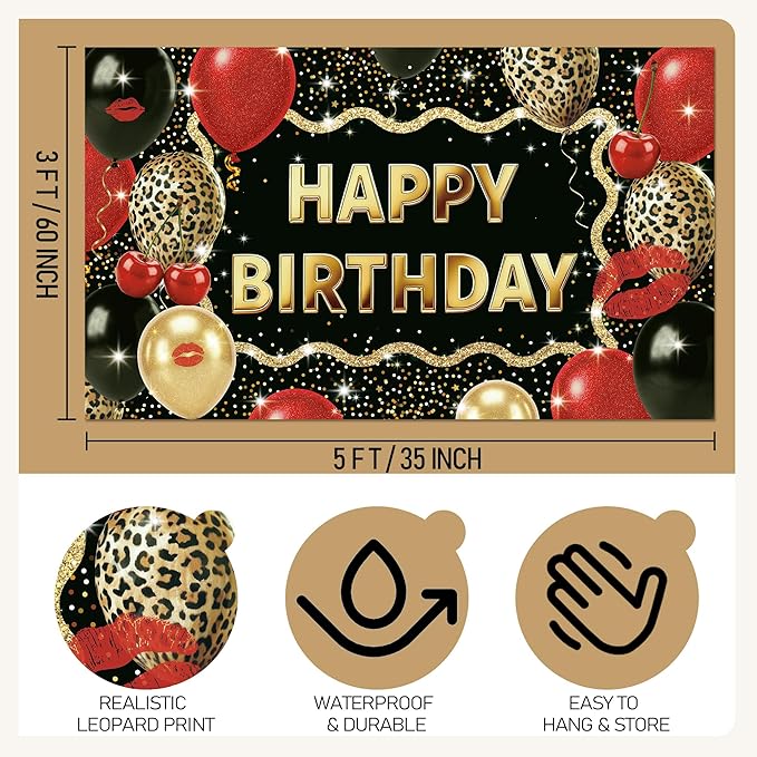 Leopard Happy Birthday Backdrop 5 x 3 Ft Cheetah Print Birthday Decorations Backdrop Banner with Cheetah Balloons Print, Red Leopard Party Decorations for Wall, Photography Background