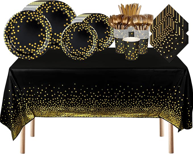 176 PCS Black Gold Party Dinnerware Set Black Golden Dot Disposable Dinnerware Plate Napkins Cups Gold Plastic Forks Knives Spoons Tablecloth Party Supplies Birthday Graduation New Years