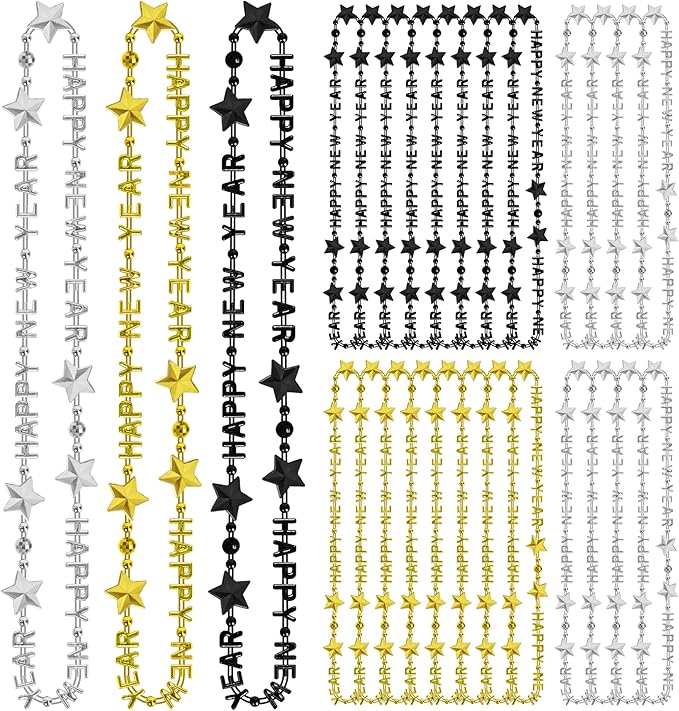 48PCS New Years Necklace, 3 Kinds New Years Eve Bead Necklaces Party Supplies 2026 Bulk, HAPPY NEW YEAR Star Necklace Accessories, Black Gold Silver Bead Necklace 2026 for New Year Party Decorations