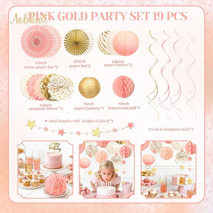 AOBKIAT Pink Birthday Party Decorations Kit-Tissue Paper Pom Poms,Lanterns,Fans Flowers,Star Garlands,Streamers for Girls Women Birthday,Wedding,Bachelorette,Bridal Shower,Baby Shower,Princess Party