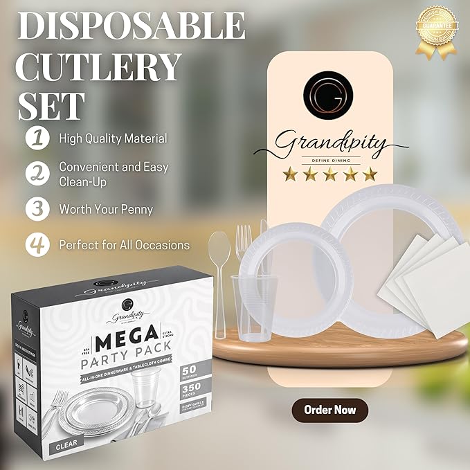 Grandipity 350 Piece Clear Disposable Dinnerware Set, Includes 50 of Each: 9" Dinner Plates, 7" Dessert Plates, 12oz Cups, Paper Napkins, Forks, Knives & Spoons