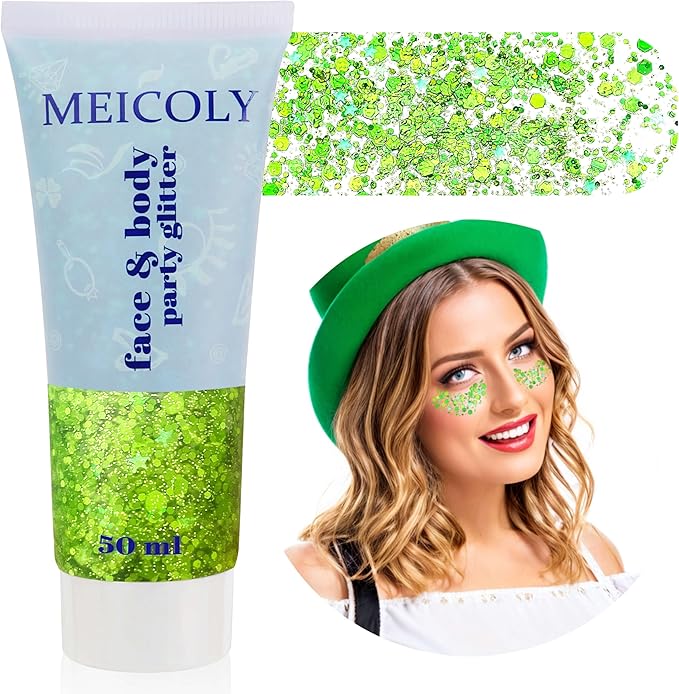 MEICOLY Lime Green Face Body Glitter for,St Patricks Day Accessories, Holographic St Paddys Face Glitter Self-Adhesive, Light Green Body Glitter,Chunky Glitter Face Paint for Party Festival Halloween