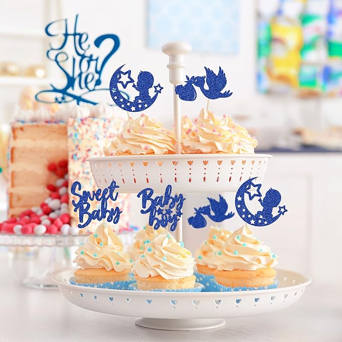 24Pcs Sweet Baby Boy Cupcake Toppers Moon Star Glitter Baby Shower Cupcake Picks Decorations for Gender Reveal Baby Shower Kids Boys Birthday Party Supplies Deep Blue