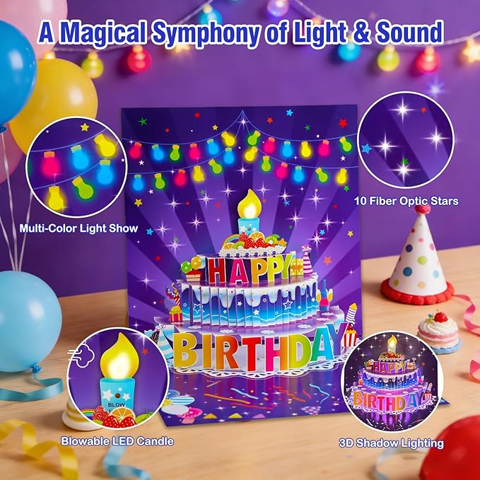 FaCraft 3D Pop Up Musical Birthday Cards for Women Men Kids - Large 7x7 Light Up Birthday Card with Music, Blowable LED Candle, 42s Vocal Song & Fiber Optic Stars with Envelope, Blank Insert, Seal