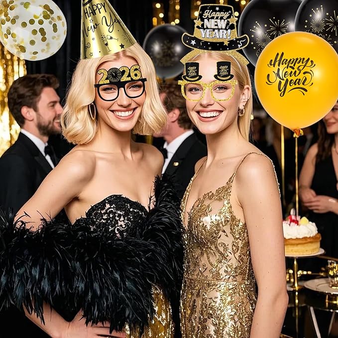 48 Pieces New Years Eve Party Supplies 2026, Happy New Year Decorations Kit Includes Party Headband Tiaras Noise Makers Cone Hats Latex balloons for NYE Decorations