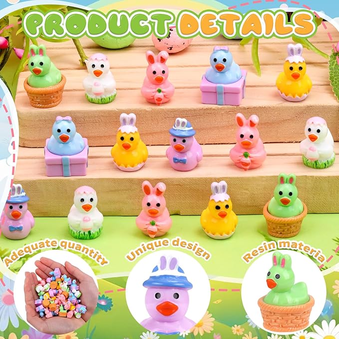 120 Pcs Easter Mini Ducks 6 Styles Miniature Resin Duck Figures to Hide Bulk Bunny Ear Egg Carrot Basket Eggshell Ducks for Easter Party Favors Home Tabletop Fairy Garden Landscape Potted Decor
