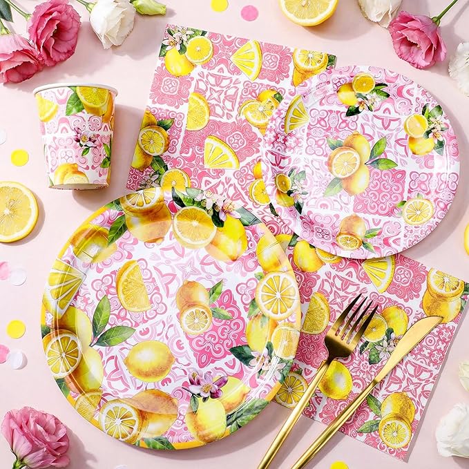 Hsei 250 Pcs Pink Lemon Birthday Party Decorations Lemon Plates and Napkins Pink Baby Shower Birthday Supplies Set Disposable Plates Napkins Cups for Bridal Baby Shower Party Supplies