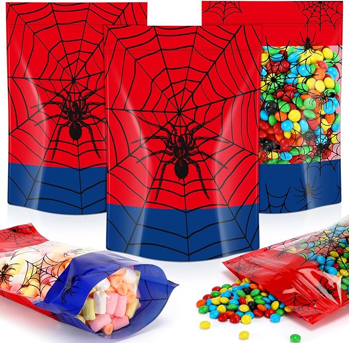 Fuutreo 50 Pcs Spider Gift Bags Plastic Cobweb Birthday Sealed Pouches Resealable Red Blue Spider Bags Party Favor Pouches for Home Candy Small Gift Party Wrapping Supplies Decoration