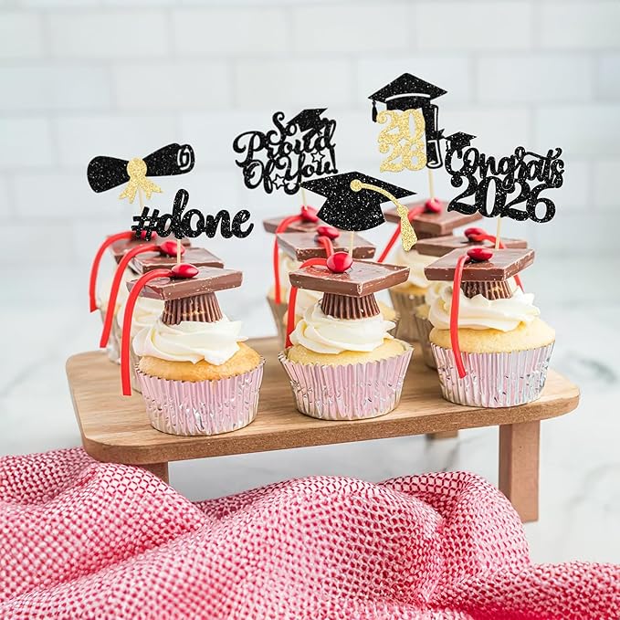 Gyufise 24Pcs Black Glitter 2026 Graduation Cupcake Toppers Glitter Congrats Class of 2026 Diploma Done Grad Cap Cupcake Picks So Proud of you Cake Decorations for 2026 Graduation Theme Party Supplies