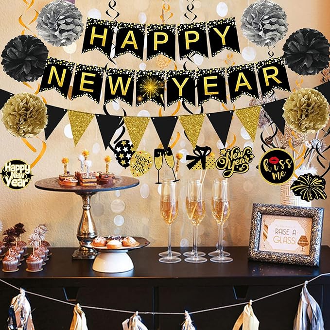 Famoby Happy New Year Banner Pom poms Triangle flag Swirls Garland Hanging Bunting for Happy New Year Party Decorations