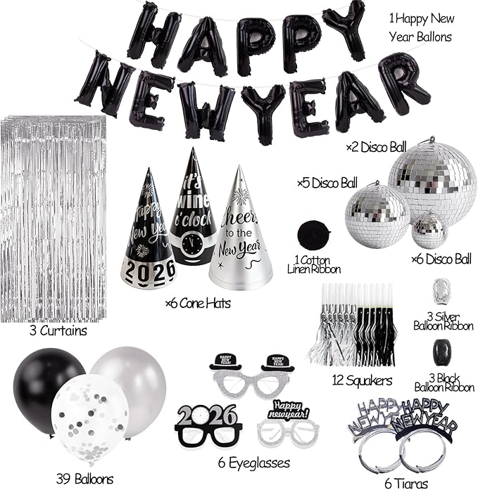 New Years Eve Party Supplies - New Years Decorations 2026 - 98 Pcs Sets With Happy New Year Balloons,Disco Balls, Hats, Headbands, Glasses,Noise Makers,Fringe Curtains - Nye Decor Backdrop Accessories