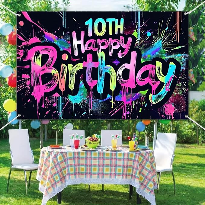 Neon 10th Happy Birthday Banner 71x43 Inch Paint Splatter Glow in The Dark Party Backdrop Colorful Wall Decor for Kids Boys Girls Tenth Birthday Celebrations Photo Booth Event Supplies