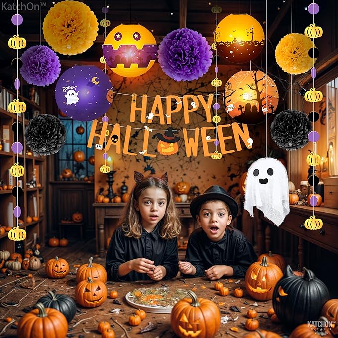 KatchOn, Hanging Halloween Decorations Set - Pack of 14 | Purple and Black Theme Party Supplies | Halloween Party Decorations for Wall | Happy halloween Banner, Sign for Spooky Decor
