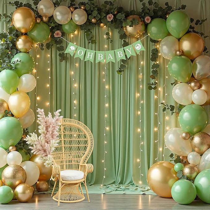 20 x 10ft Sage Green Backdrop Curtains with Lights String for Wedding Polyester Photo Backdrop Drapes Wrinkle Free Curtains Backdrop for Birthday Parties Reception Baby Shower Ceremony-5 x 10ft x 4P