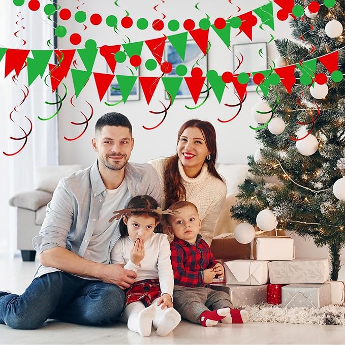 Outus 25 Pcs Christmas Party Decorations Supplies Merry Christmas Party Banner Green Red White Xmas Paper Fans Flower Pom Poms Hanging Swirls Pennant Circle Dots Garland for Xmas Birthday Decor