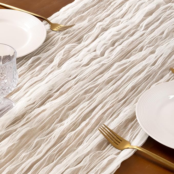 Socomi Ivory Cheesecloth Table Runner Tulle Gauze Cheese clothBoho Rustic 120 inch 10FT Runner for Wedding Party Baby Shower Birthday Holiday Decorations 1pc