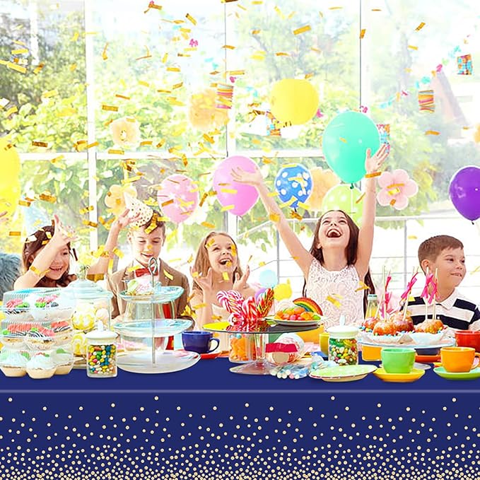 4 Pcs Navy Blue Plastic Tablecloth Gold Dot Blue Table Cloths, 54×108 inches Disposable Gold Dot Confetti Dark Blue Table Cover for Anniversary Friendsgiving Fine Dining Graduation Party Decoration…