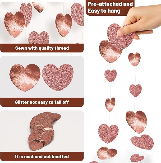 GCQQ 52Ft Rose Gold Heart Garland - Glitter Valentines Decorations 4 Packs Romantic Paper Heart Hanging Streamer for Bridal Shower Valentine's Day Party Backdrop Decorations