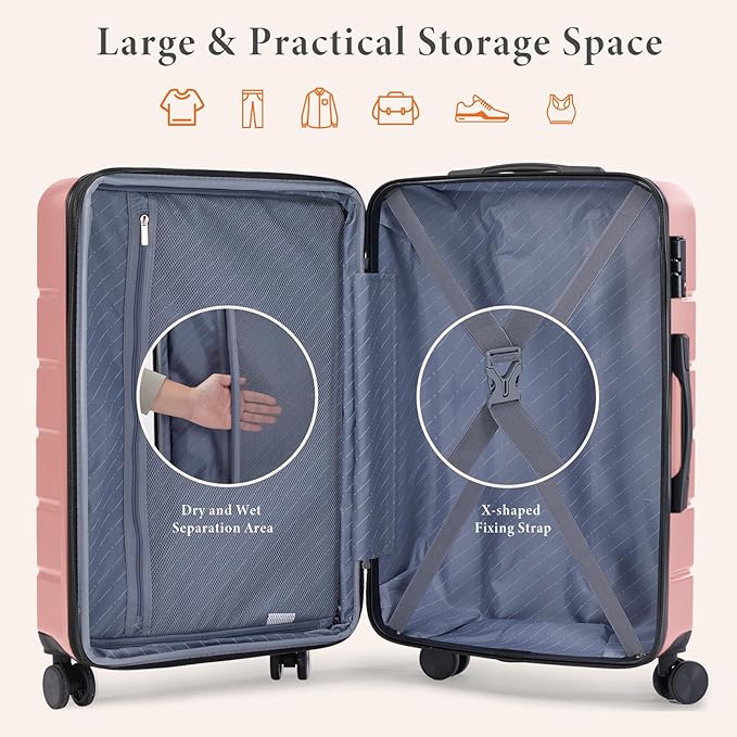 Sweetcrispy Carry on Suitcase, Luggage with Spinner Wheels, Hard Shell ABS, TSA Lock, Pink, 3-PCS Set (20/24/28 inch)