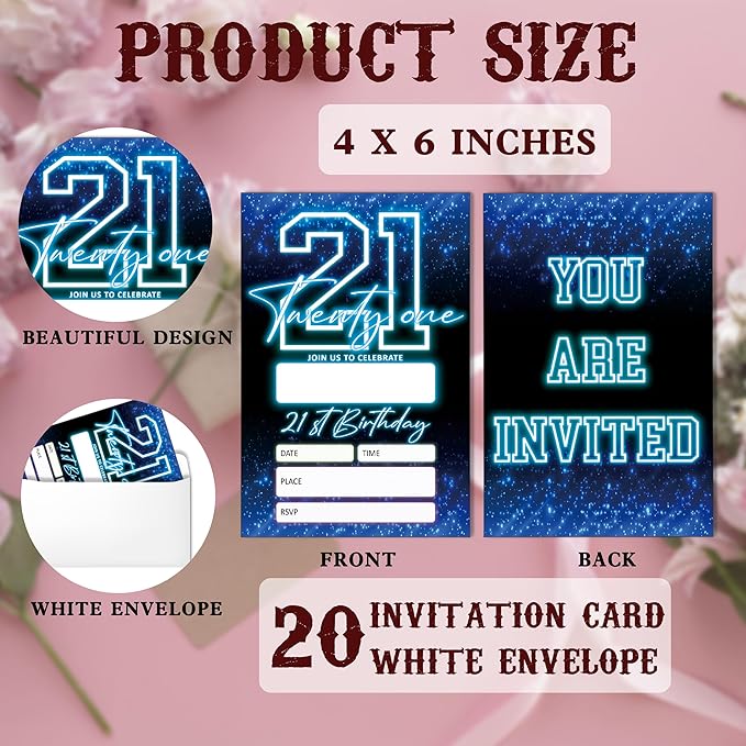 SIXEIGHT Blue 21st Birthday Invitations for Boys, Neon Glow Party Invitations for Girls Kids, 20 Pack Double Sided Invite Cards with Envelopes, 21st Glow Neon Birthday Party Decorations, 4x6 Inch-C54