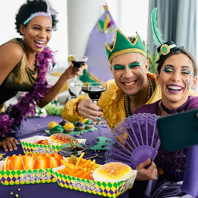 100 PCS Mardi Gras Decorations, 5.94" Plaid Stripe Snack Trays, Purple Gold Design Hot Dog Trays Mardi Gras Paper Trays for Food, Fat Tuesday Table Decorations Masquerade Party Decorations