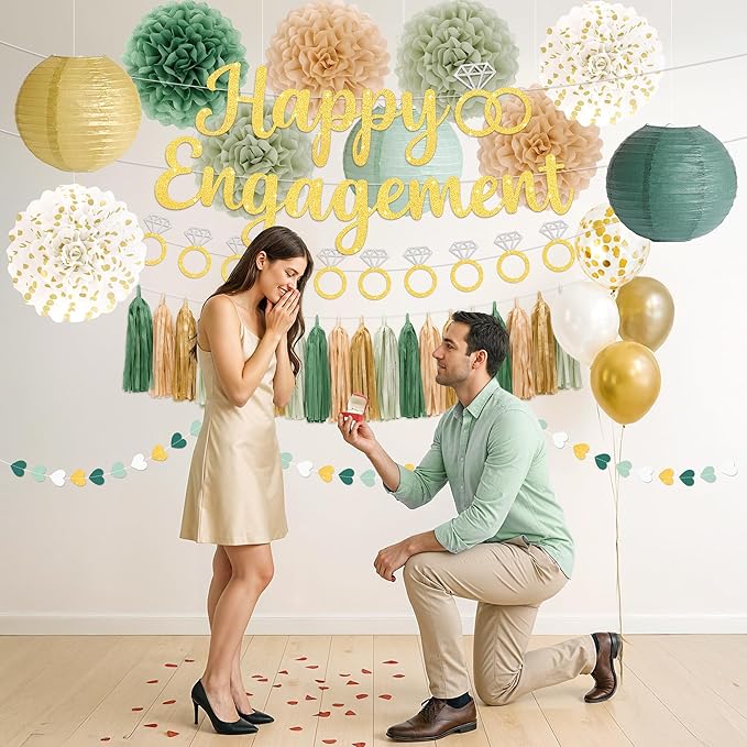 Engagement Party Decorations Sage Green Engaged Decorations with Gold Happy Engagement Banner, Includes Paper Pom Poms Paper Lanterns, Tassels for Couple Bridal Shower Decor