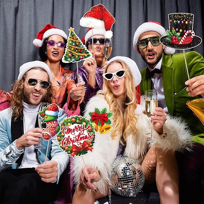 30PCS Christmas Photo Booth Props (Upgraded Version), Merry Christmas Party Pose Sign, Red and Green Xmas Theme Party Supplies Decorations for Winter Holidays
