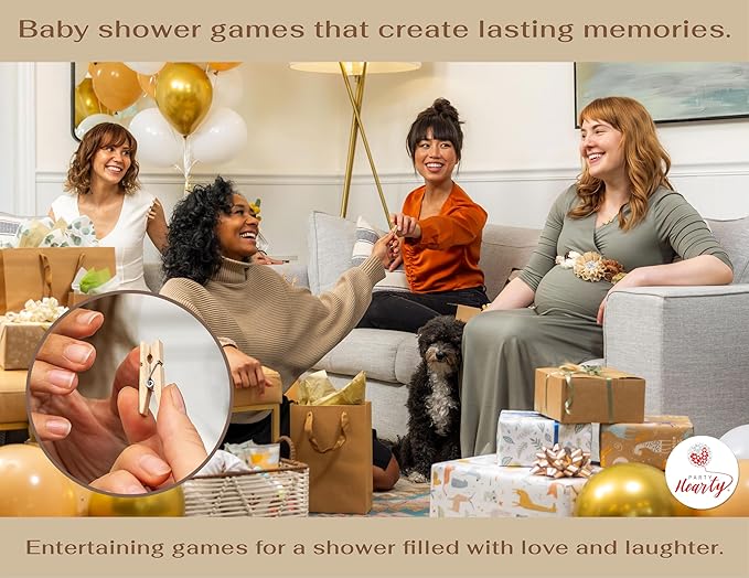Party Hearty Baby Shower Games for Girl & Boy, Don't Say Baby Game,1 Sign and 50 Mini Natural Clothespins, Shower Game Ideas