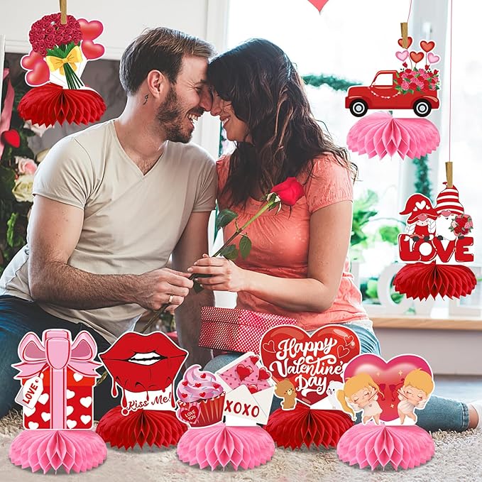 JULMELON Valentines Table Decorations Honeycomb Centerpiece, 8pcs Valentines Day Centerpieces for Tables 3D Valentines Day Table Decor Heart Table Toppers for Valentines Party Decorations