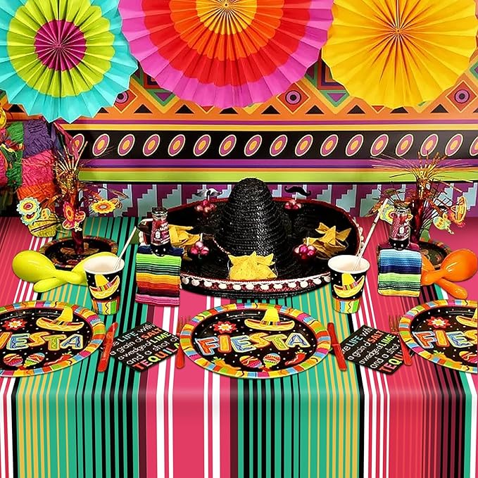 Hxezoc Disposable Plastic Mexican Serape Tablecloths, 54 x 108 Inch Mexican Striped Party Table Cover for Wedding Birthday Decorations Outdoor Indoor Party Supplies