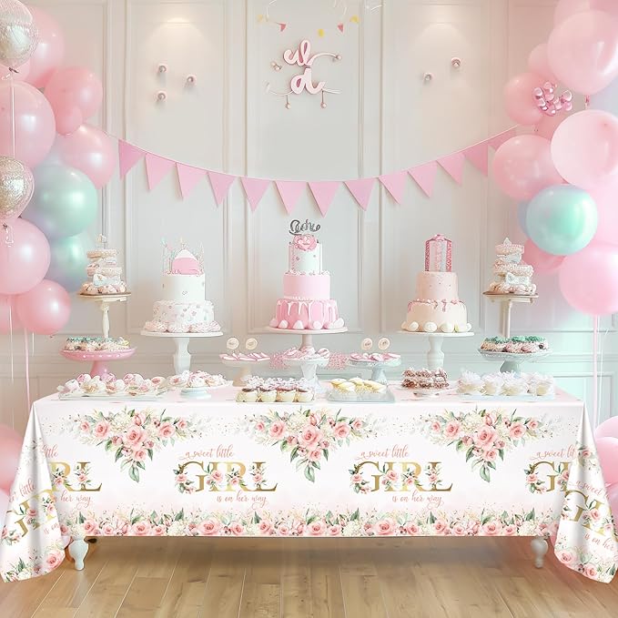 Avezano 3 pcs Girl Baby Shower Tablecloth 108x54 inch Pink Floral Baby Shower Party Tablecovers Disposable A Sweet Little Girl is on Her Way Table Cloth Plastic