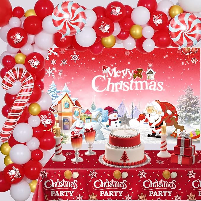 Christmas Party Decorations Set, Red White Gold Christmas Balloon Garland Arch with Candy Cane Foil Balloons, Merry Christma Backdrop Banner Tablecloths for Xmas Party Decorations Supplies