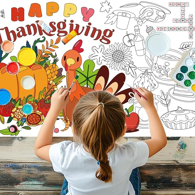30 x 72 Inches Thanksgiving Giant Coloring Poster/Tablecloth, Paper Table Cover, Jumbo Paper Coloring Banner Games Activities for Kids Gifts, Thanksgiving Party Decorations