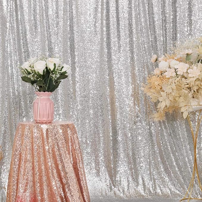 Juya Delight 6ft x 8ft Silver Sequin Backdrop Curtain for Party Wedding Photography