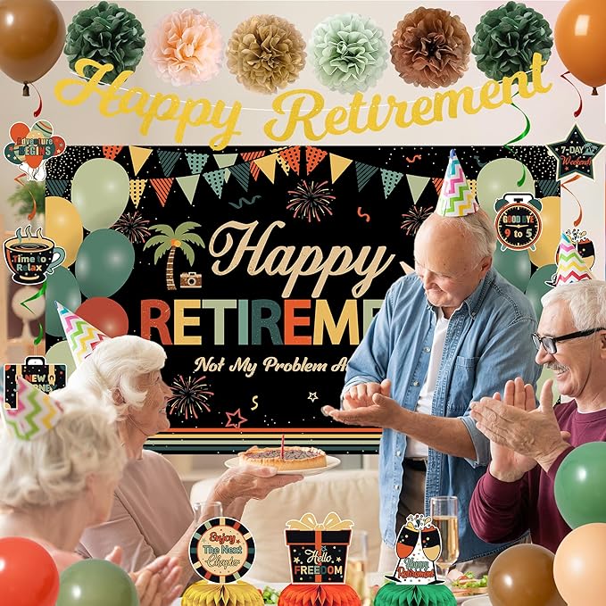 Vlipoeasn Retirement Decorations for Men Women, Colorful Vintage Retirement Party Set with Backdrop Banner Honeycomb Centerpieces Hanging Swirls, Office Retired Farewell Decor
