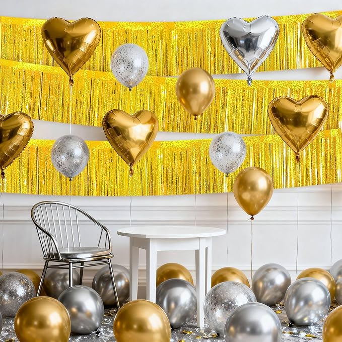 4 Packs Foil Fringe Garland Tinsel Streamers Shiny Wall Hanging Birthday Banner Backdrop for Graduation Wedding Anniversary Celebration Happy Birthday Party Decorations Glitter Gold