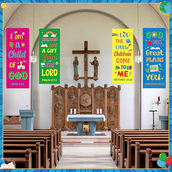 Panelee 4 Pcs Church Banners for Sanctuary Wall Rainbow Cartoon Church Banners with Scripture Inspirational Religious Praise Bible Verses Hanging Backdrop Signs for Sunday School Worship Decoration